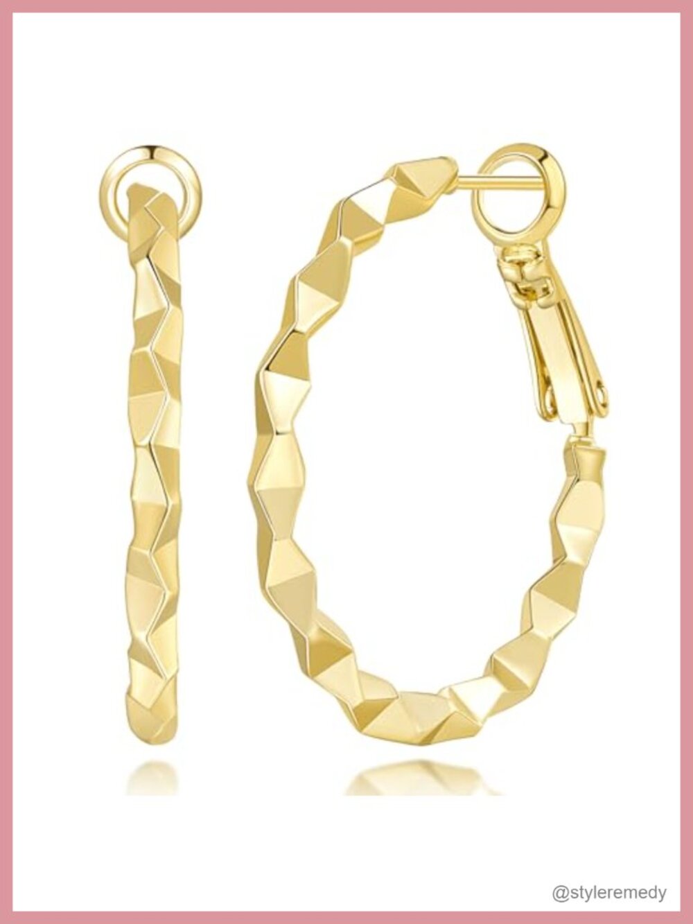 14K Gold Plated Hoop Earrings for Women 3D Triangular Facets Design Hinged